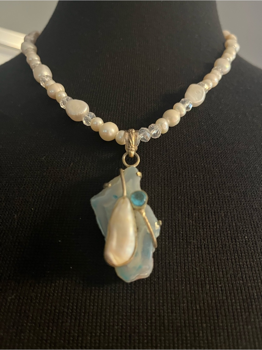 Pearl & Shell Pendant Necklace sterling silver clasp in White with Blue Accent